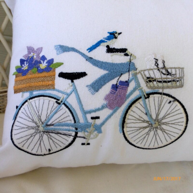 Seasonal Bicycle Pillow covers, Embroidered bicycle pillow, Winter pillows
